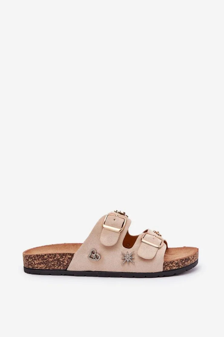 Damskie Boto Klapki Damskie Na Korkowej Podeszwie Z Klamrami I Przypinkami Beżowe Efadelis
