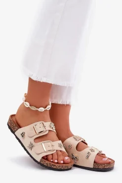 Damskie Boto Klapki Damskie Na Korkowej Podeszwie Z Klamrami I Przypinkami Beżowe Efadelis