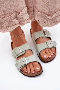 Hot Boto Klapki Damskie Na Korkowej Platformie Klamry Miętowe Evisolla