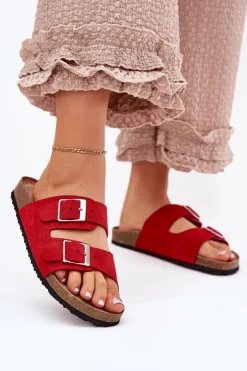 Hot Boto Klapki Damskie Na Korkowej Platformie Klamry Czerwone Evisolla