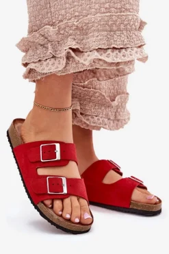 Hot Boto Klapki Damskie Na Korkowej Platformie Klamry Czerwone Evisolla