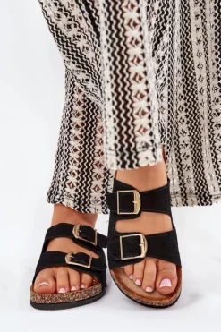 Online Boto Klapki Damskie Na Korkowej Platformie Ze Złotymi Klamrami Czarne Lisavionea Czarny