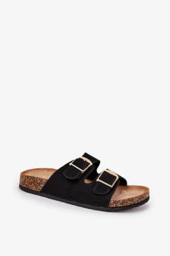 Online Boto Klapki Damskie Na Korkowej Platformie Ze Złotymi Klamrami Czarne Lisavionea Czarny