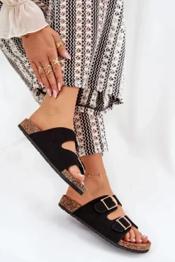 Online Boto Klapki Damskie Na Korkowej Platformie Ze Złotymi Klamrami Czarne Lisavionea Czarny