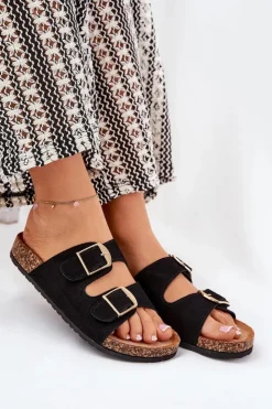 Online Boto Klapki Damskie Na Korkowej Platformie Ze Złotymi Klamrami Czarne Lisavionea Czarny