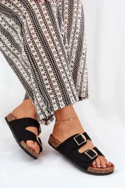 Online Boto Klapki Damskie Na Korkowej Platformie Ze Złotymi Klamrami Czarne Lisavionea Czarny