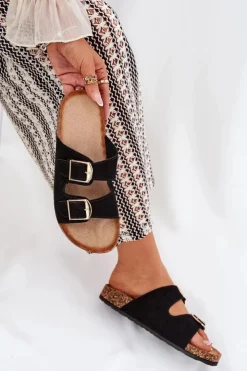 Online Boto Klapki Damskie Na Korkowej Platformie Ze Złotymi Klamrami Czarne Lisavionea Czarny