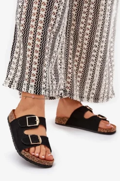 Online Boto Klapki Damskie Na Korkowej Platformie Ze Złotymi Klamrami Czarne Lisavionea Czarny