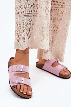 Damskie Boto Klapki Damskie Na Korkowej Platformie Klamry Lawendowe Evisolla