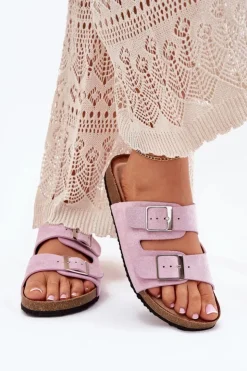 Damskie Boto Klapki Damskie Na Korkowej Platformie Klamry Lawendowe Evisolla