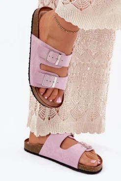 Damskie Boto Klapki Damskie Na Korkowej Platformie Klamry Lawendowe Evisolla