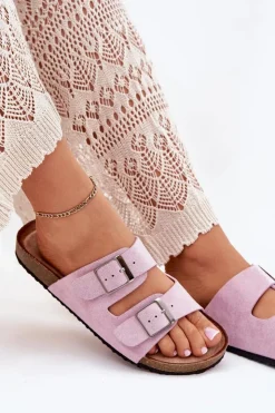 Damskie Boto Klapki Damskie Na Korkowej Platformie Klamry Lawendowe Evisolla