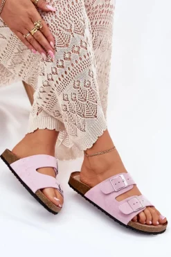 Damskie Boto Klapki Damskie Na Korkowej Platformie Klamry Lawendowe Evisolla