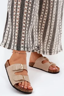 Online Boto Klapki Damskie Na Korkowej Platformie Ze Złotymi Klamrami Beżowe Lisavionea