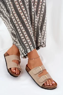 Online Boto Klapki Damskie Na Korkowej Platformie Ze Złotymi Klamrami Beżowe Lisavionea