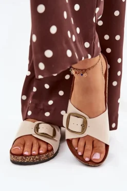 Sale Boto Klapki Damskie Na Korkowej Platformie Z Klamrą Beżowe Vianara Beżowy