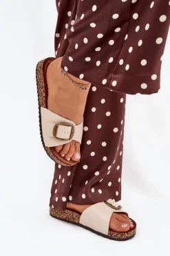 Sale Boto Klapki Damskie Na Korkowej Platformie Z Klamrą Beżowe Vianara Beżowy