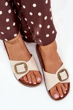 Sale Boto Klapki Damskie Na Korkowej Platformie Z Klamrą Beżowe Vianara Beżowy