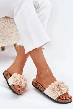 Outlet Boto Klapki Damskie Na Korkowej Podeszwie Z Ozdobnymi Kwiatkami Beżowe Seleneza