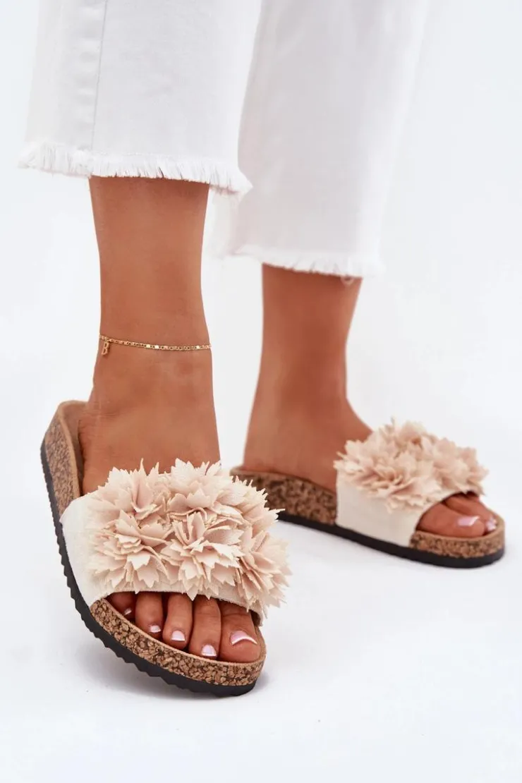Outlet Boto Klapki Damskie Na Korkowej Podeszwie Z Ozdobnymi Kwiatkami Beżowe Seleneza