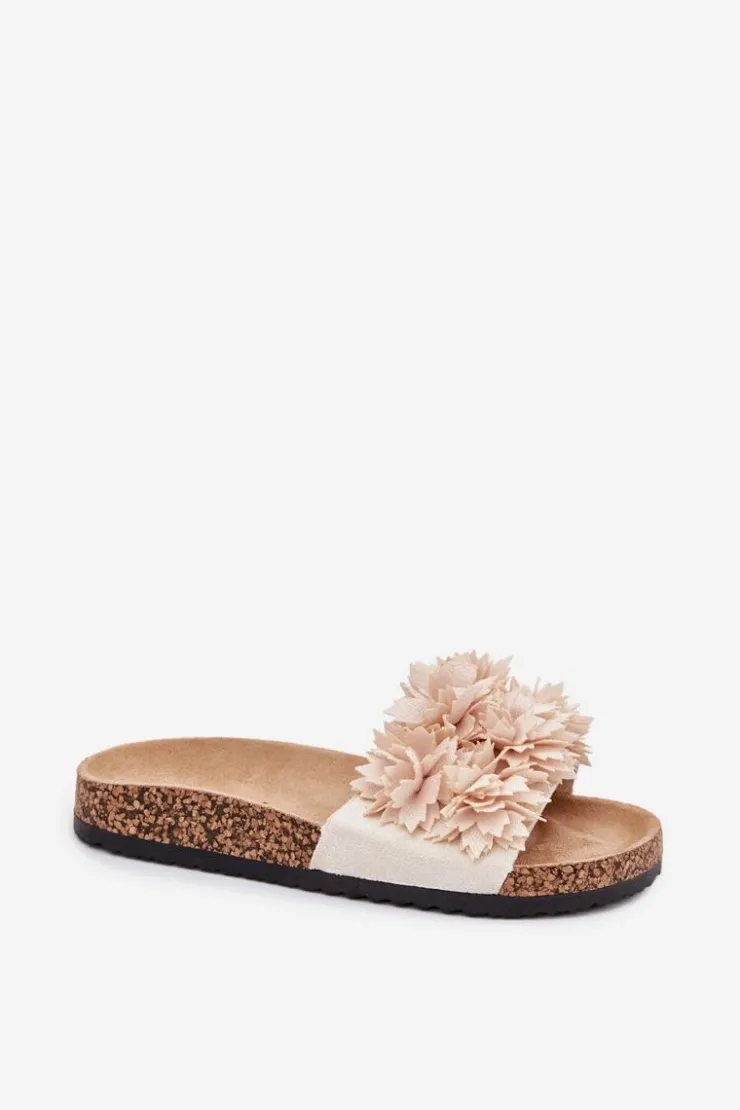 Outlet Boto Klapki Damskie Na Korkowej Podeszwie Z Ozdobnymi Kwiatkami Beżowe Seleneza