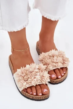 Outlet Boto Klapki Damskie Na Korkowej Podeszwie Z Ozdobnymi Kwiatkami Beżowe Seleneza