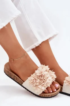 Outlet Boto Klapki Damskie Na Korkowej Podeszwie Z Ozdobnymi Kwiatkami Beżowe Seleneza