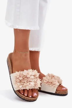 Outlet Boto Klapki Damskie Na Korkowej Podeszwie Z Ozdobnymi Kwiatkami Beżowe Seleneza