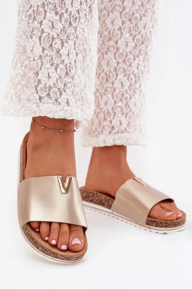 Damskie Boto Klapki Damskie Na Korkowej Platformie Z Ozdobnym Detalem Złote Vessira