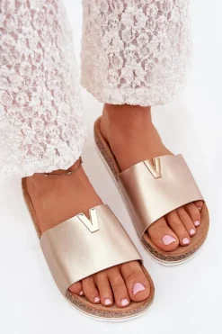 Damskie Boto Klapki Damskie Na Korkowej Platformie Z Ozdobnym Detalem Złote Vessira