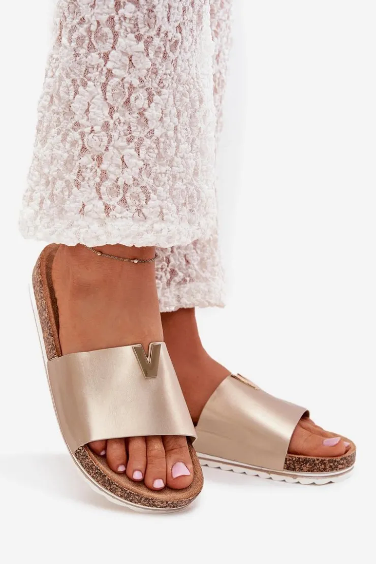 Damskie Boto Klapki Damskie Na Korkowej Platformie Z Ozdobnym Detalem Złote Vessira