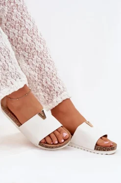 Outlet Boto Klapki Damskie Na Korkowej Platformie Z Ozdobnym Detalem Białe Vessira