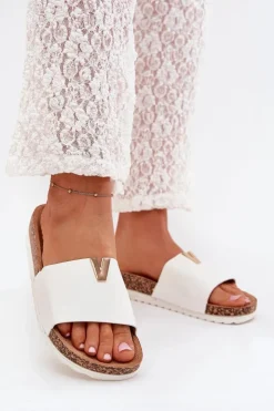 Outlet Boto Klapki Damskie Na Korkowej Platformie Z Ozdobnym Detalem Białe Vessira