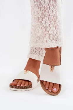 Outlet Boto Klapki Damskie Na Korkowej Platformie Z Ozdobnym Detalem Białe Vessira