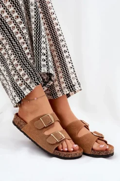 Damskie Boto Klapki Damskie Na Korkowej Platformie Ze Złotymi Klamrami Camel Lisavionea