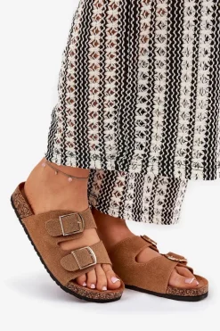 Damskie Boto Klapki Damskie Na Korkowej Platformie Ze Złotymi Klamrami Camel Lisavionea