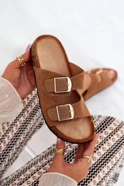 Damskie Boto Klapki Damskie Na Korkowej Platformie Ze Złotymi Klamrami Camel Lisavionea