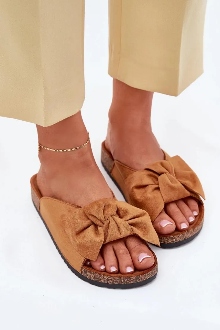 Online Boto Klapki Damskie Na Korkowej Podeszwie Kokardką Camel Seressa Brązowy