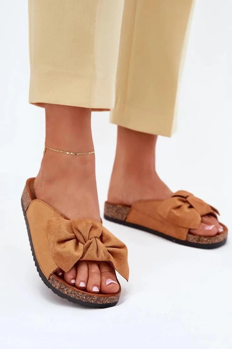 Online Boto Klapki Damskie Na Korkowej Podeszwie Kokardką Camel Seressa Brązowy