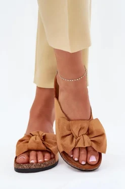 Online Boto Klapki Damskie Na Korkowej Podeszwie Kokardką Camel Seressa Brązowy