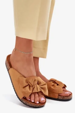 Online Boto Klapki Damskie Na Korkowej Podeszwie Kokardką Camel Seressa Brązowy