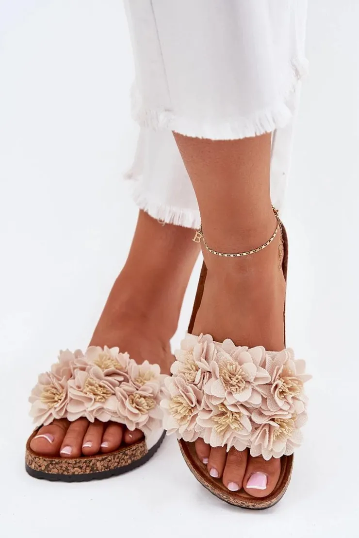 Clearance Boto Klapki Damskie Na Korkowej Podeszwie Z Kwiatkami Beżowe Ferenza