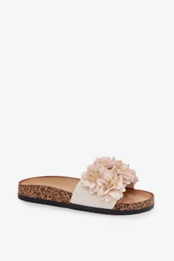 Clearance Boto Klapki Damskie Na Korkowej Podeszwie Z Kwiatkami Beżowe Ferenza