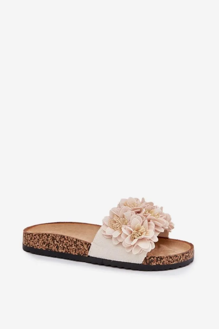 Clearance Boto Klapki Damskie Na Korkowej Podeszwie Z Kwiatkami Beżowe Ferenza