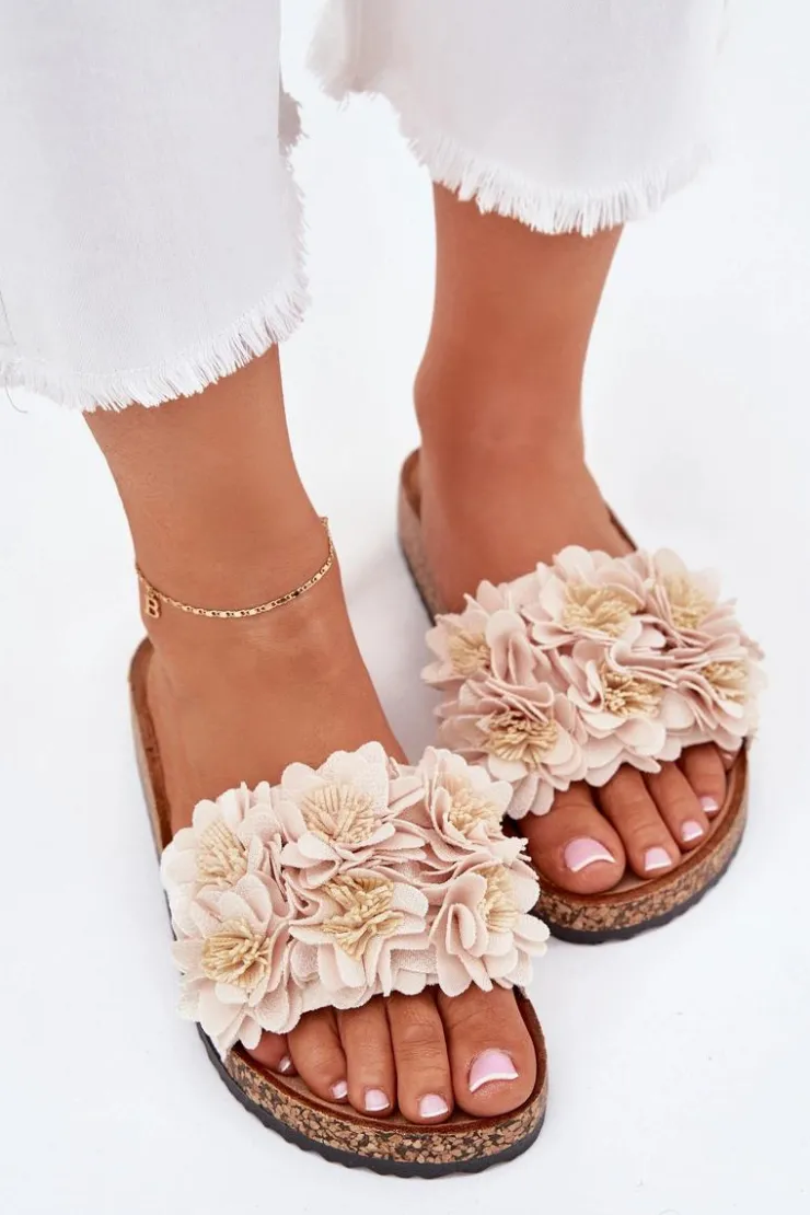 Clearance Boto Klapki Damskie Na Korkowej Podeszwie Z Kwiatkami Beżowe Ferenza