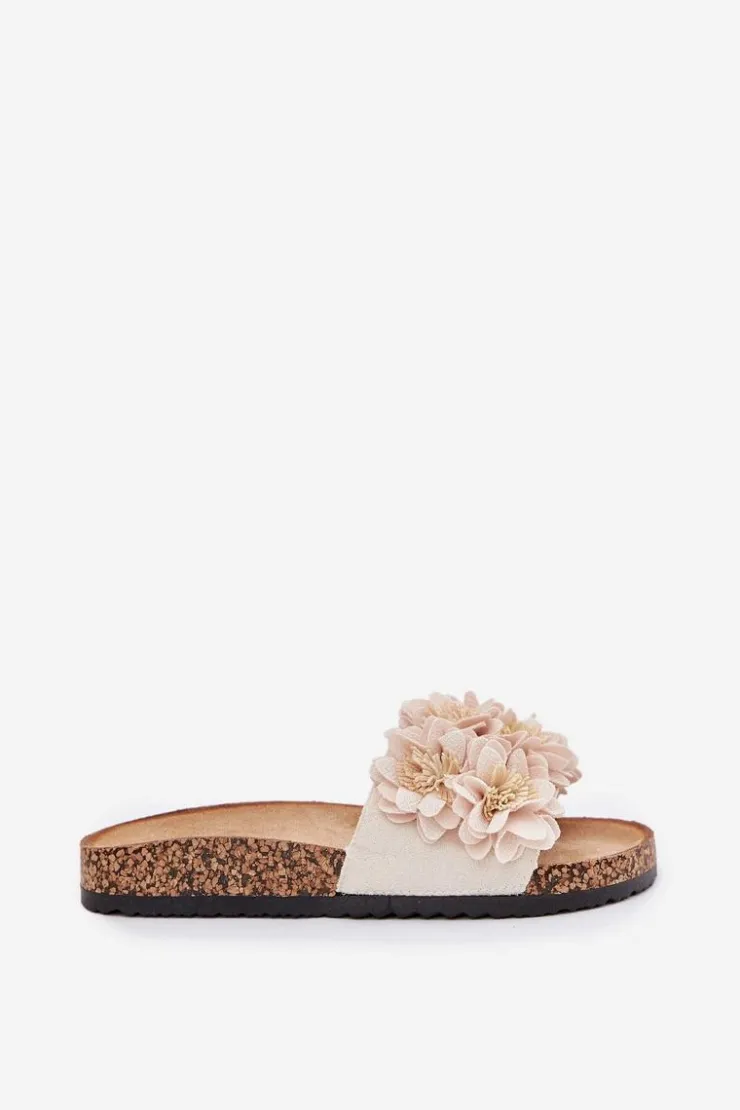 Clearance Boto Klapki Damskie Na Korkowej Podeszwie Z Kwiatkami Beżowe Ferenza