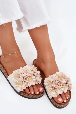Clearance Boto Klapki Damskie Na Korkowej Podeszwie Z Kwiatkami Beżowe Ferenza