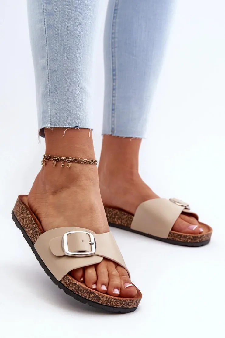 Clearance Boto Klapki Damskie Na Korkowej Platformie Z Klamrą Beżowe Moaxi