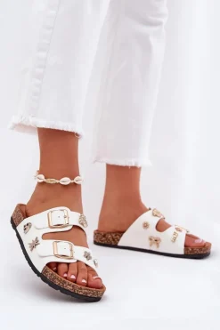 Boto Klapki Korkowe|Klapki Na Platformie*Klapki Damskie Na Korkowej Podeszwie Z Klamrami I Przypinkami Białe Efadelis