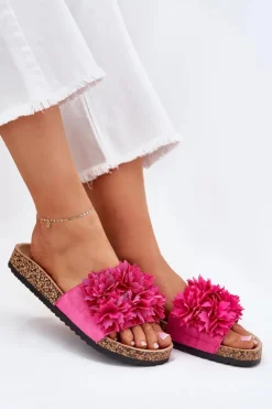 Boto Klapki Damskie Na Korkowej Podeszwie Z Kwiatkami Fuksja Ferenza Różowy